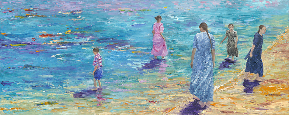 Oil Painting, People wading at the beach